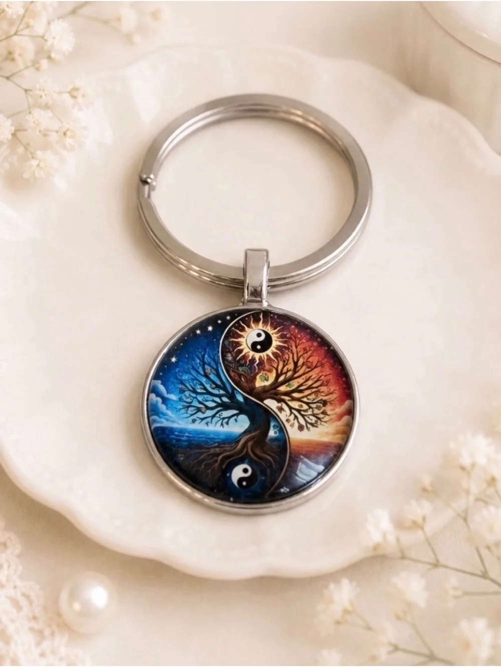 Keyring-Yin Yang Tree of Life Round Pendant Charm-Silver Hardware  -NWOT